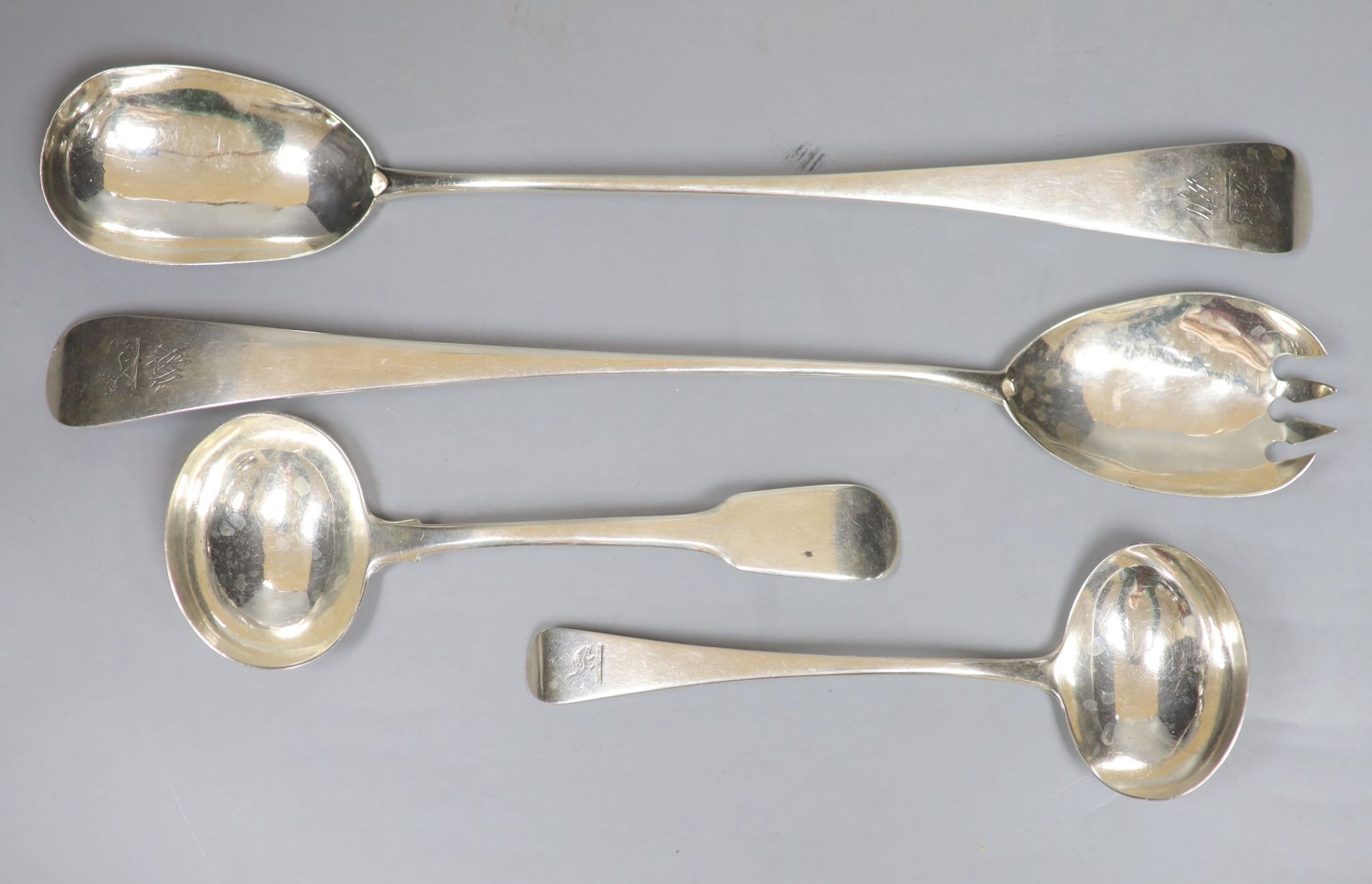 A pair of late Victorian Irish silver Old English pattern servers, Edmund, Johnson, Dublin, 1897, 31.5cm & 2 sauce ladles.